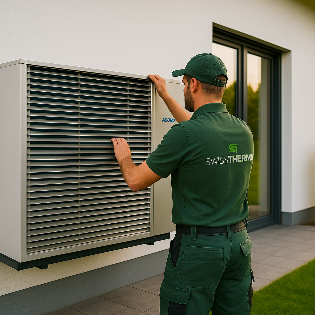 Technicien Swissthermic installant une pompe à chaleur